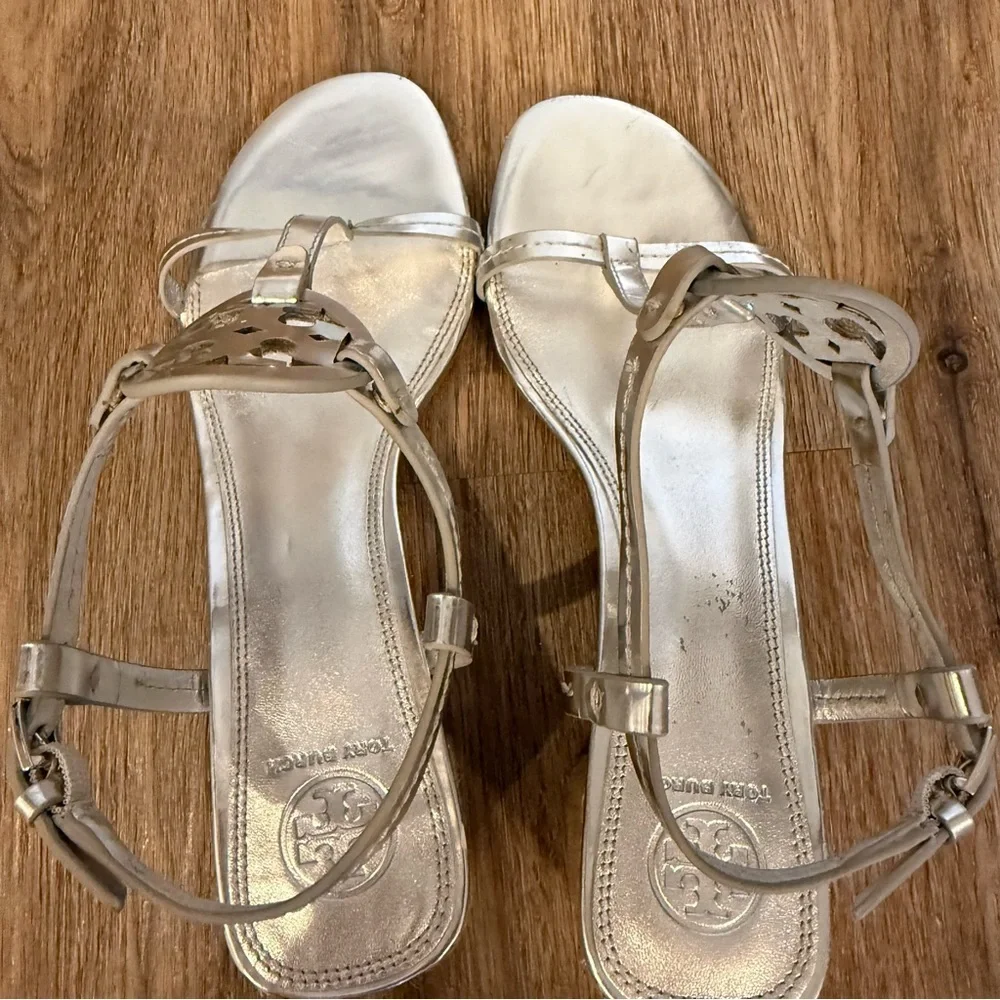 Tory Burch Women's Miller Silver Metallic Espadrille Block Heel Sandals Size 9